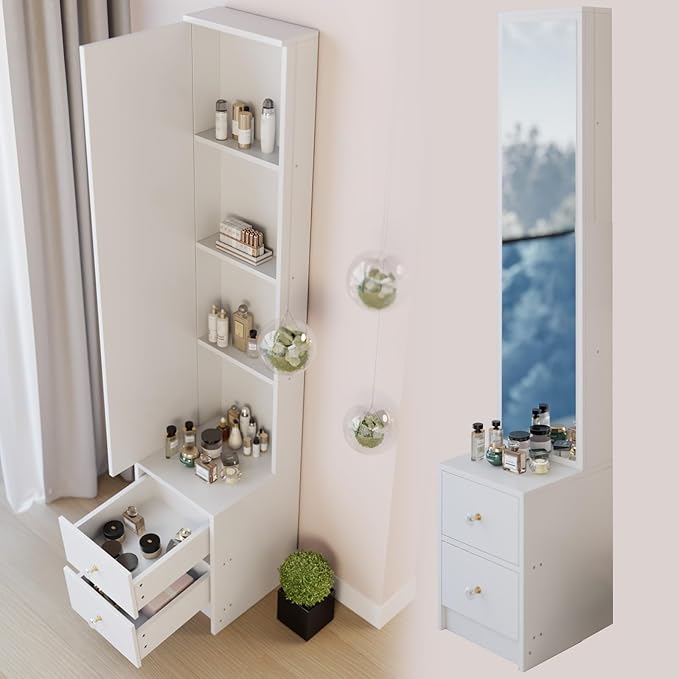 anwickjeff Full-Length Mirror with Storage, Standing Nightstand Mirror Cabinet with 2 Drawers & 4 Shelves, Makeup Storage Organizer, Gift for Women Girls (White)
