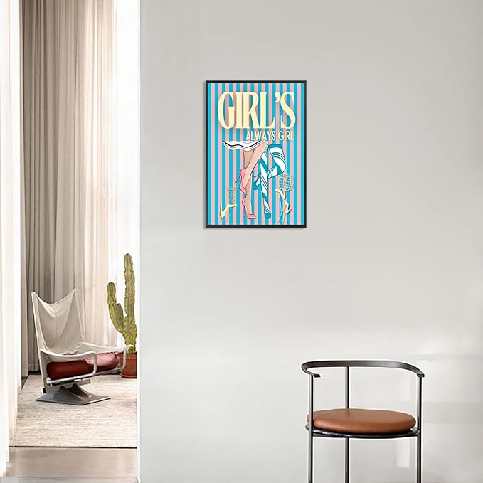 Trendy Always Girls High Heels Poster Funny Cocktail Disco Ball Canvas Wall Art Preppy Blue And Pink Stripes Feminine Girly Prints Painting For Living Room Bedroom Wall Decor 8x12in Framed