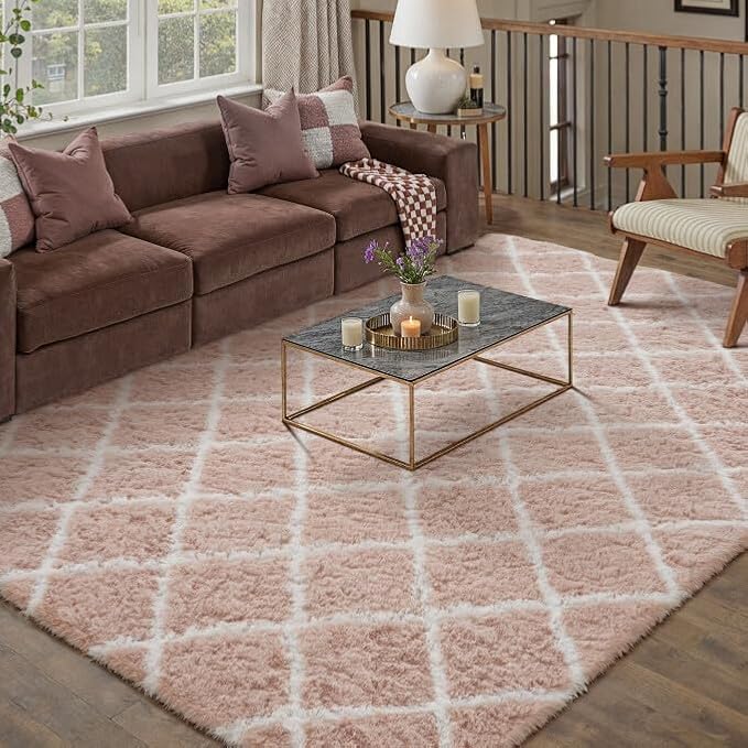 PureCozy 8x10 Checkered Rug for Living Room Pink and White Modern Soft Area Rug Fluffy Non-Slip Carpet for Bedroom Playroom Home Aesthetic Decor