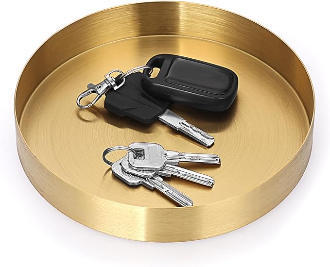 Hipiwe Round Key Bowl for Entryway 7.1" Gold Decorative Tray Jewelry Ring Dish Stainless Steel Candle Holder Plate Perfume Tray Metal Vanity Trays for Bathroom Dresser Home Decor