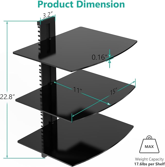 WALI Floating TV Shelf, 3 Tier Glass Projector Shelf for DVD Players, Routers, Game Consoles, Cable Boxes, Living Room Decor Accessories, Wall Mount Shelves Holds Up to 17.6lbs(CS303B), 3-Shelf, Black