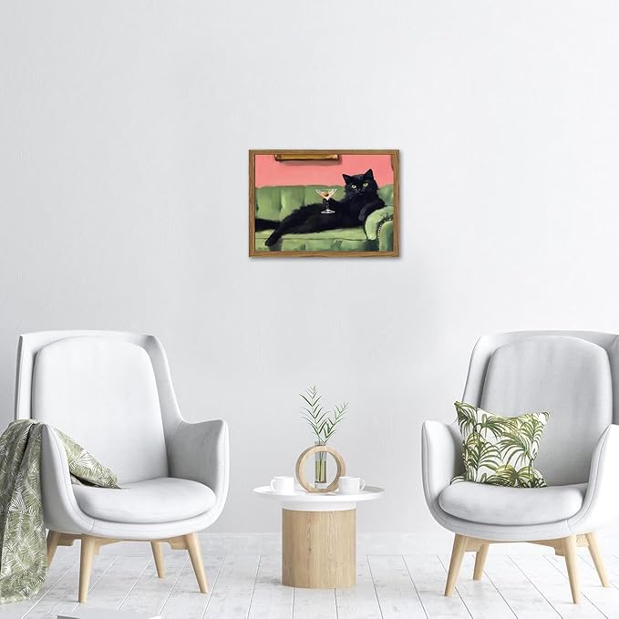 Funny Black Cat Martini Wall Art, Bar Cart Decor, Eclectic Cocktail Painting Canvas Print, Cute Animal Artwork Picture for Bedroom Living Room Kitchen 16x24 inch Wood Framed