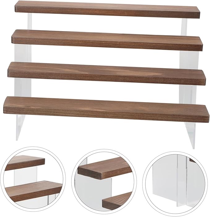 Levemolo Acrylic Wood Figure Display Rack 4-tier Handicrafts Storage Shelf Picture Holders for Side Table Makeup Organizer