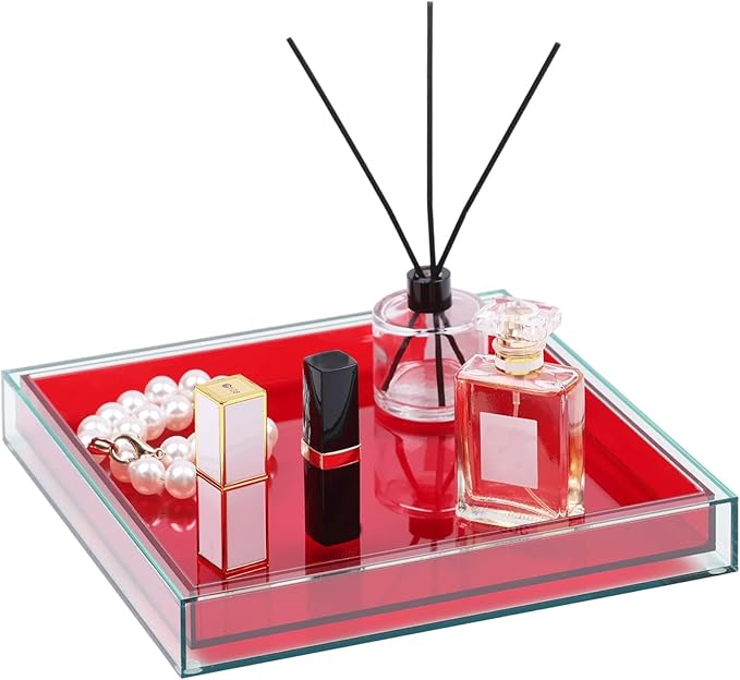 Red Acrylic Tray -10"x10" Multipurpose Square Decorative Tray for Perfume Display & Serving, Bathroom Sink Vanity Organizer Tray for Bathroom, Vanity, Coffee Table, Living Room Decor