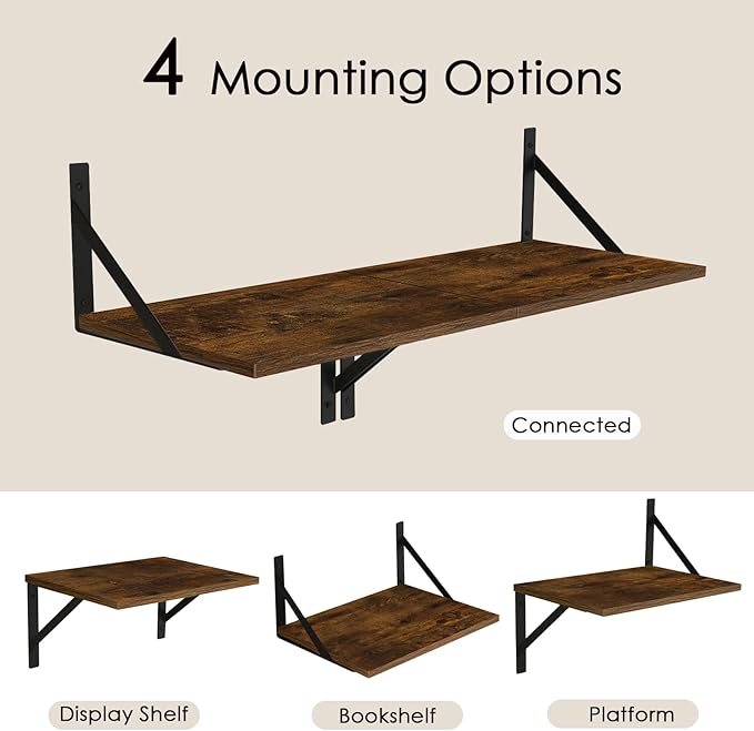 DINZI LVJ Deep Floating Shelves, 16"W x 12"D Wall Shelves Set of 2, Wide Display Shelf Wall Mounted with Brackets, Easy-to-Install Floating Bookshelf for Living Room, Bathroom, Bedroom, Rustic Brown