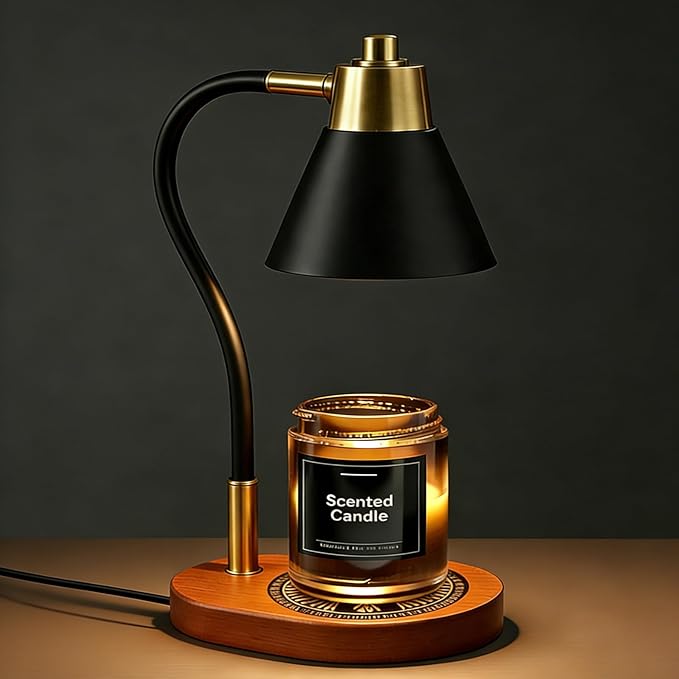 Candle Warmer Lamp with Timer & Dimmer, Adjustable Height Electric Wax Melter for Jar Candles, Dimmable Candle Lamp with Wooden Base & 2 Bulbs, Flameless Home Decor Gifts for Mom Women, Black
