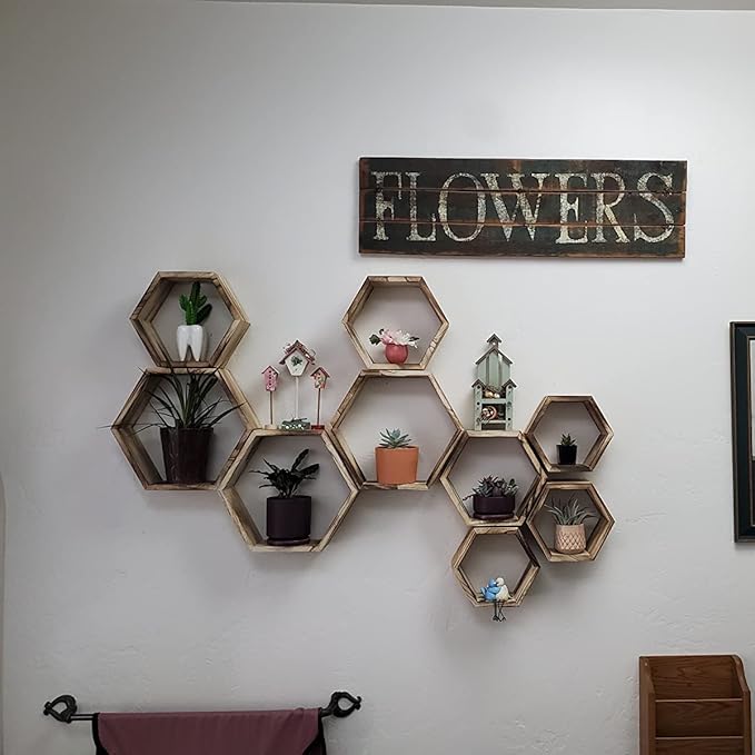 WONFUlity Hexagon Floating Shelves Honeycomb Shelves Wall Mounted Wood Farmhouse Storage Wall Shelf for Bathroom, Kitchen, Bedroom, Living Room,Driftwood Finish Decor,Light Brwon