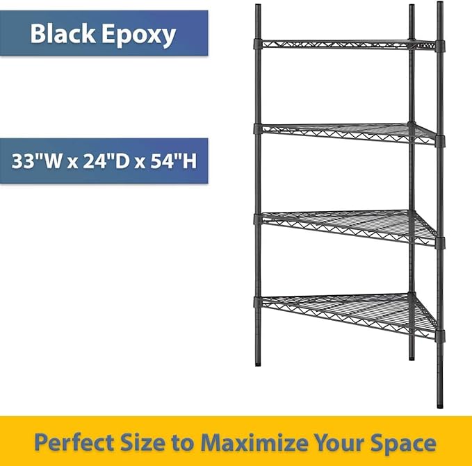 33" W x 24" D x 54" H NSF Black Triangle Heavy Duty Corner Shelving Kit, 4-Shelf Adjustable Wire Rack