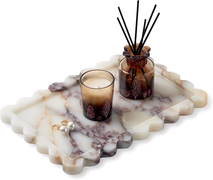 Luxury Natural Scalloped Marble Tray – 11.8 x 7.8-Inch Calacatta Viola Stone Vanity Tray, Elegant Catchall Organizer for Jewelry Perfume Keys, Unique Statement Tray for Bathroom Coffee Table & Dresser