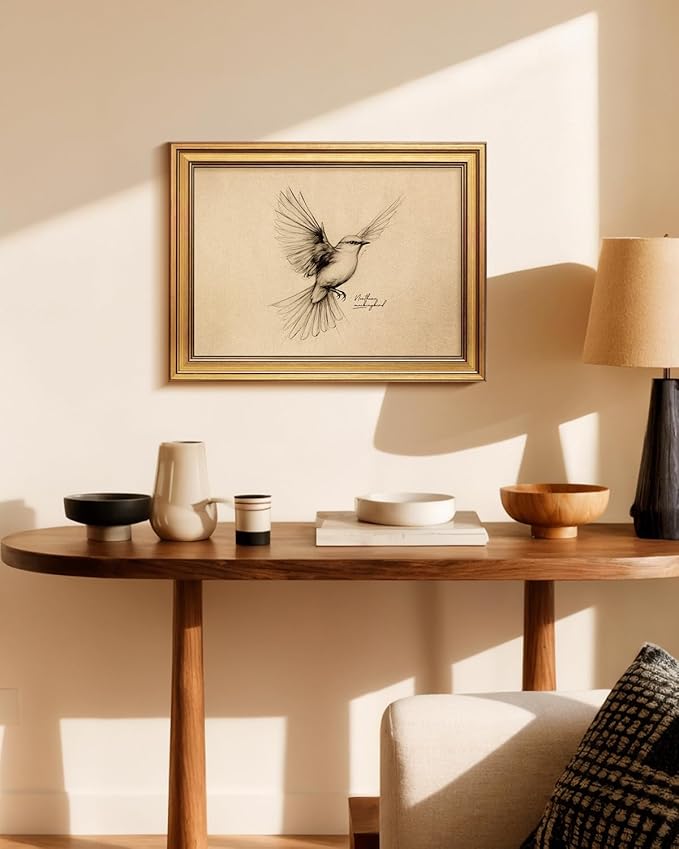 Bzstyleart Vintage Wall Art Decor, Gold Framed Wall Art Decor Vintage Birds Prints Texas State Bird Home Decor Aesthetic, Sketch Painting Picture Bird Artwork for Living Room, 12L x 16W