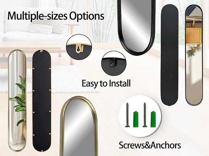 OUSHUAI Black Full Length Oval Mirror, 3-Pack Narrow Capsule Long Mirrors with Metal Frame for Dressing, Hallway, Living Room, Entryway Wall Decor