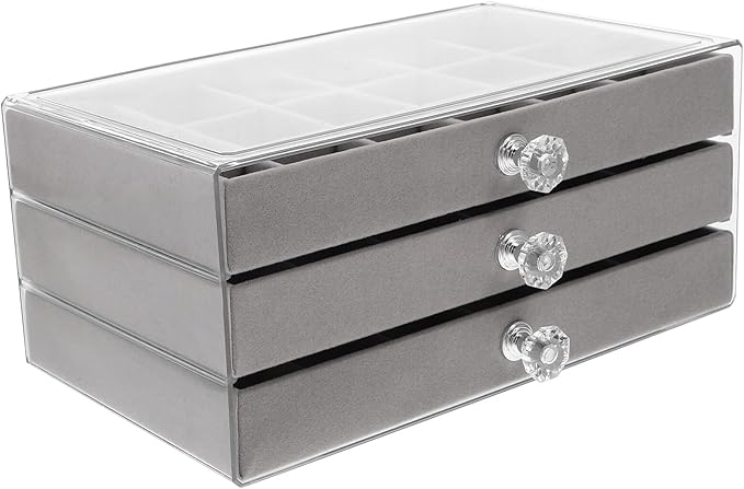 KALLORY Transparent Drawer Jewelry Organizer Box Earring Display Holder Large Capacity Ring Necklace Storage Case for Women Gray Trinket and Makeup Organizer