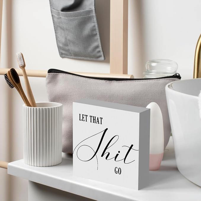 Funny Rustic Bathroom Decor - Wooden Box Sign Humor for Restroom Shelf, Half Farmhouse Style Toilet Sign for Guests - Tabletop or Countertop