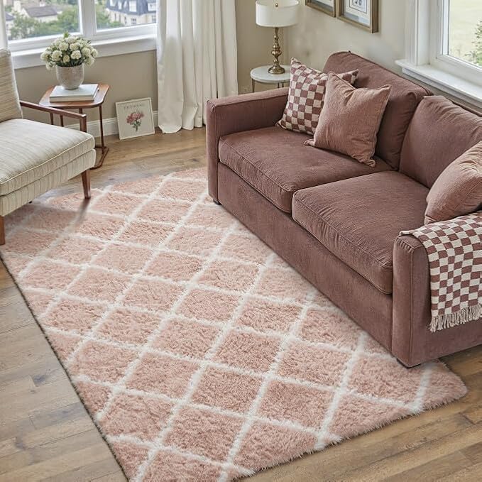 PureCozy 5x7 Checkered Rug for Living Room Pink and White Modern Soft Area Rug Fluffy Non-Slip Carpet for Bedroom Playroom Home Aesthetic Decor