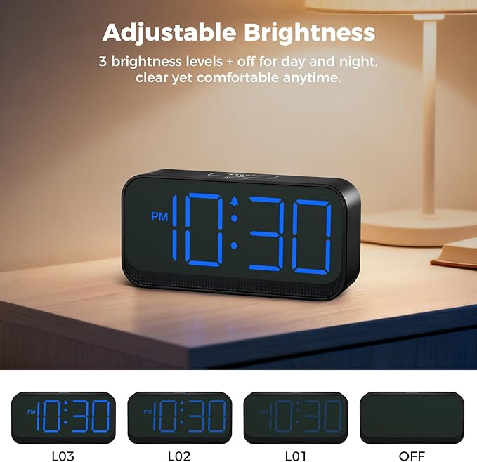 Acedeck Battery Operated Digital Clock: Cordless Small Alarm Clock for Bedroom Travel - Large Numbers 4 Dimmers for All Ages Blue Digits