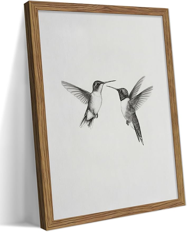 Vintage Wall Art Framed Hummingbird Canvas Print, Modern Farmhouse Birds Wall Decor, Living Room Sketch Painting Picture, Minimalist Black and White Bird Bedroom Decor – 8x10 inch