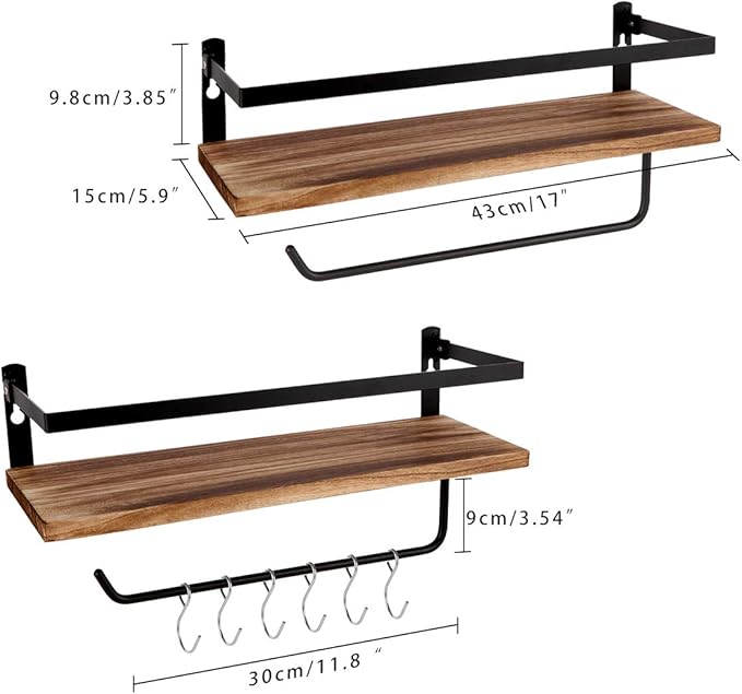 PHUNAYA Floating Shelves,Wall Mounted Shelf for Kitchen,Living Room,Bedroom,Bathroom Storage,Rustic Wood,Set of 2(Carbonized Black)