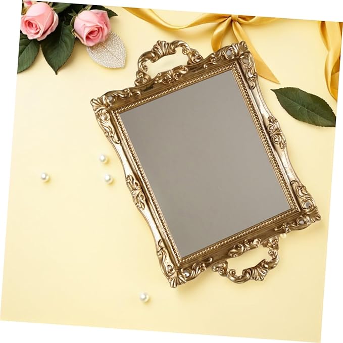 Totority Vintage Nordic Style Golden Mirror Tray Resin Decorative Storage Plate for Wedding Dessert Table and Makeup Organizer
