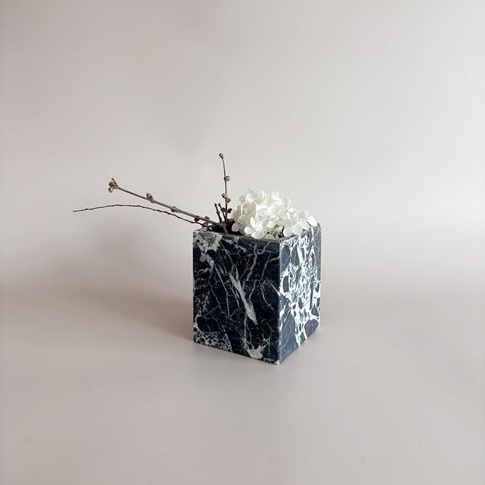 Natural Marble Stone Square Storage Container Empty Vessel Holder Cup for Candle/Pens/Sundries items (Calacatta Black)