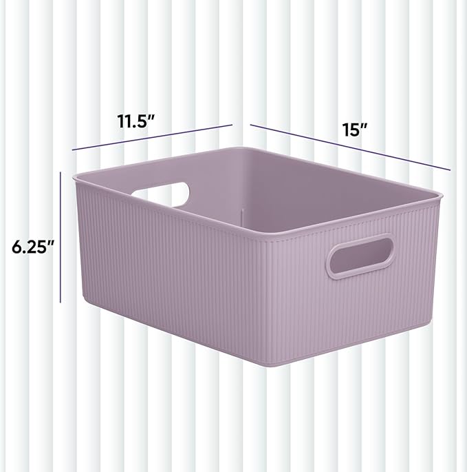 Superio Ribbed Collection - Decorative Plastic Basket Open Home Storage Bins Organizer, Large Lilac Purple (2 Pack) Container Boxes for Organizing Closet Storage Bins for Shelves 15 Liter/16 Quart