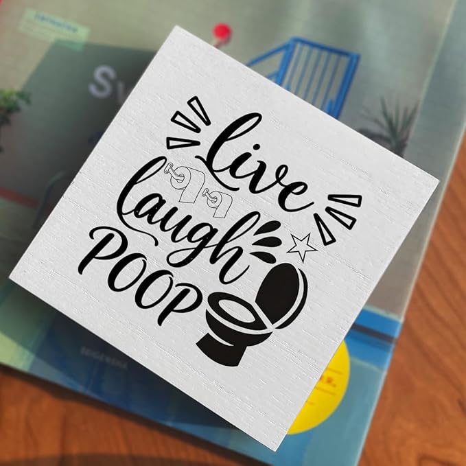 Funny Rustic Bathroom Decor Wooden Box Sign 5x5 Inch - "Live, Laugh, POOP" Humorous Restroom Shelf Wall Countertop Ornament, Farmhouse Style Decor for Guest Bathroom & Housewarming Gif