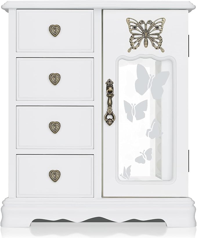 RR ROUND RICH DESIGN Solid Wooden Jewelry Box Makeup and Organizer Women Ring Storage with 4-Drawers Built-in Necklace Carousel and Mirror White