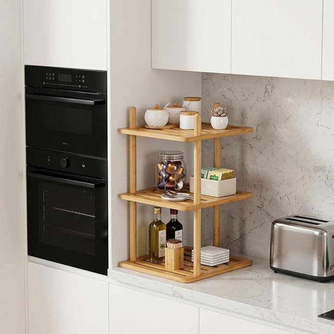 2Pcs 3-Tier Cabinet Organizer Shelf - Bamboo Corner Rack for Kitchen Counter, Cabinet Space Saver for Plates, Dishes, Bowls, Bread - Pantry and Bathroom Storage or Countertop (2, 3Tier-Large-6.7"H)