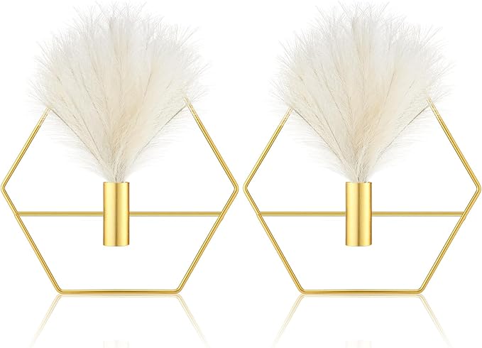 Peryiter 2 Pcs Boho Wall Decor Metal Gold Wall Art Hanging Planters with Artificial Pampas Modern Home Decor Display Art for Living Room Bedroom Bathroom(Hexagon)