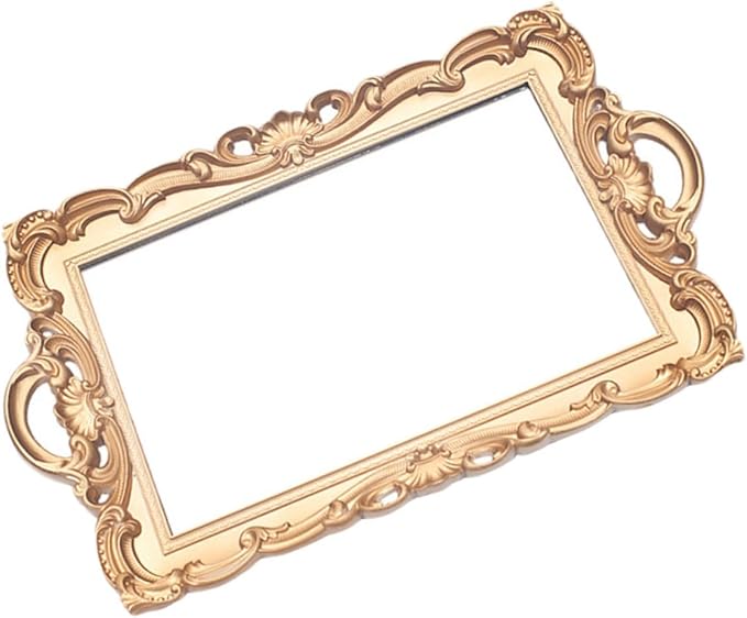 TEHAUX Golden Retro Mirror Makeup Tray Elegant Vanity Organizer for Home Storage and Photo Props Polished Smooth European Style Decorative Tray for Perfume Jewelry Cosmetics Display