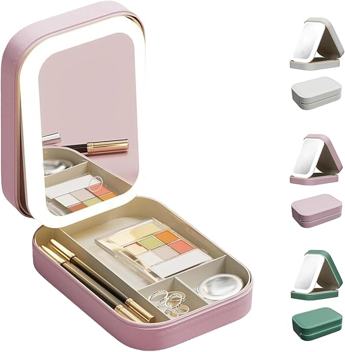 Integrated Makeup Storage Box With Light-Filling Mirror,Led Complementary Light Cosmetic Case,Makeup Storage Box With Led Light Mirror,Portable Cosmetics Case,Touch Control & Zipper Design (Pink)