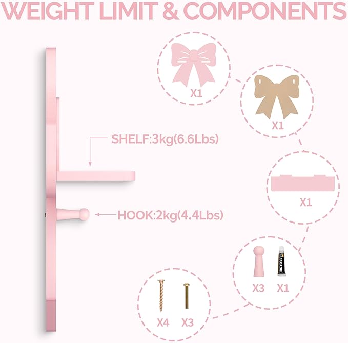 Bow Shaped Floating Shelf with Hooks - Cute Pink Wooden Wall Decor for Girls Nursery & Bedroom, Trinket Display Organizer