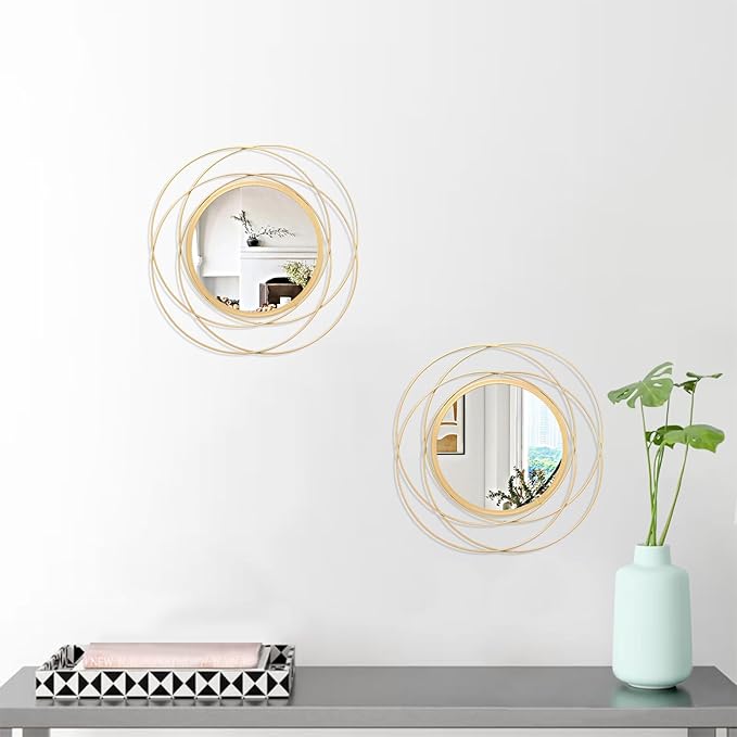Gold Circle Mirror, Wall Decor Iron Frame Wall Art 2 Set 12'' Round Mirrors Home Decor Hanging for Bathroom Living Room Bedroom Entryway