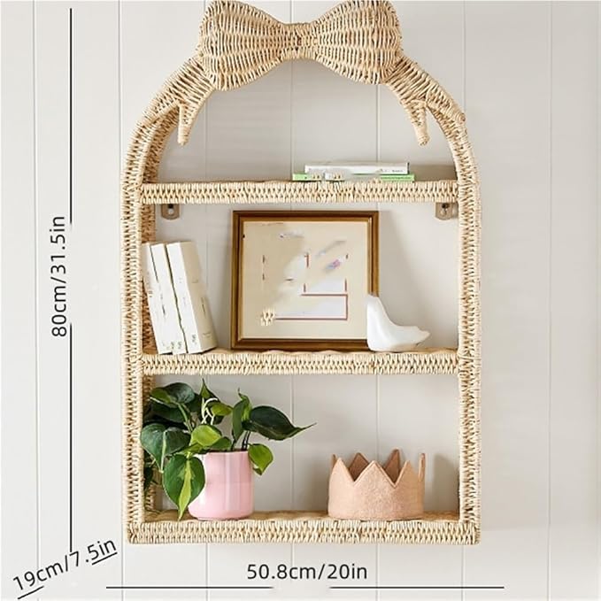 Rattan Wall Hanging Storage Basket, Boho Wall Decor and Woven Wall Shelf, Decorative Rattan Floating Shelves for Bohemian Style House, Cute Wall Art Above Couch or Bed