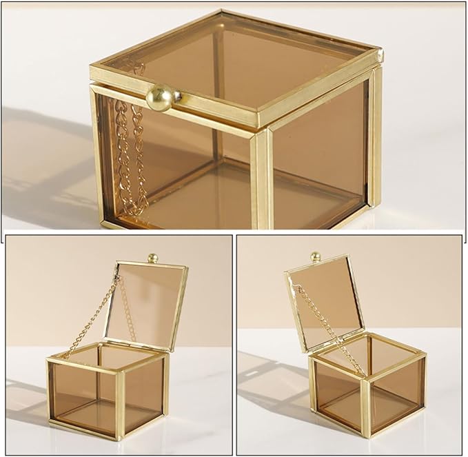 Luxshiny Vintage Square Glass Jewelry Box with Lid, Cosmetic Organizer and Trinket Storage Case for Women, Home Display Container for Rings, Necklaces, and Makeup Essentials