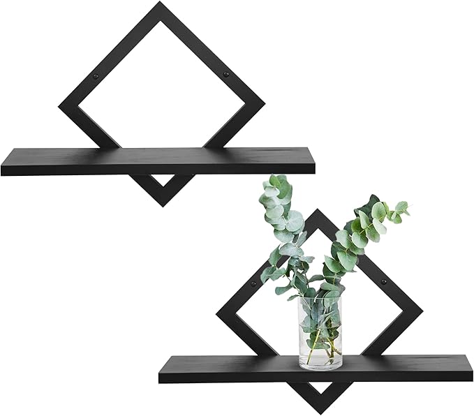 Floating Shelves for Wall,Decorative Wall Shelf,Hanging Shelf for Plants Storage Display Holder,Indoor Decor for Living Room Home Office Bathroom Bedroom,Solid Wood,Diamond Shaped,2 Pack(Black)