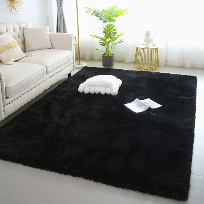 KICHOWUA 6x9 Black Fluffy Shag Rug for Bedroom Living Room, Ultra Soft Plush Fuzzy Washable Floor Non Slip Cozy Large Area Rug for College Dorm, Modern Comfy Shaggy Carpet for Kids Baby Nursery
