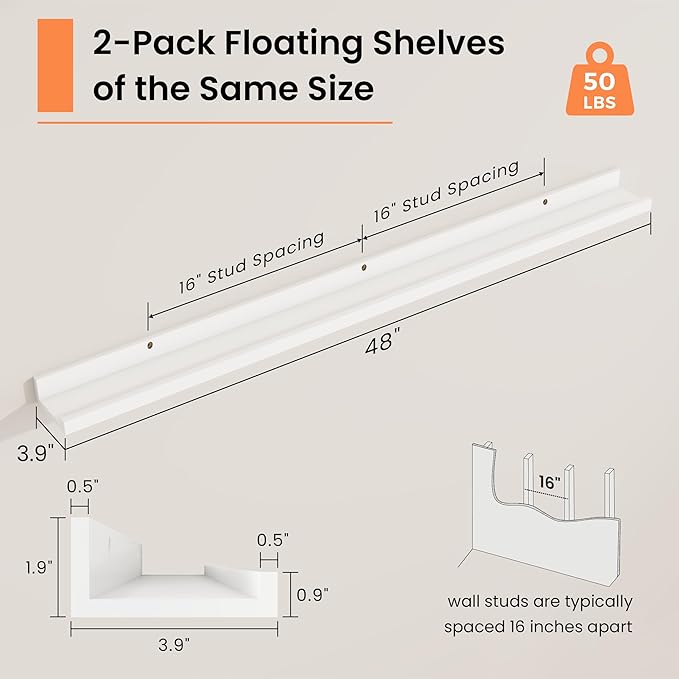RICHFOCUS Picture Ledge Shelf, 48 inch Floating Shelves Set of 2, Wood Wall Shelves with Lip, Wall Decor Storage for Bedroom Living Room Bathroom Kitchen Nursery Photo Picture, White