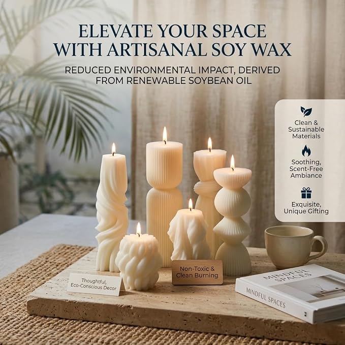 6 Pcs Small Handmade Ribbed Pillar Candle Set, Soy Wax Modern Home Decor for Living Room Bedroom, Aesthetic Table & Shelf Decor, Perfect Housewarming Gift (White, Small)