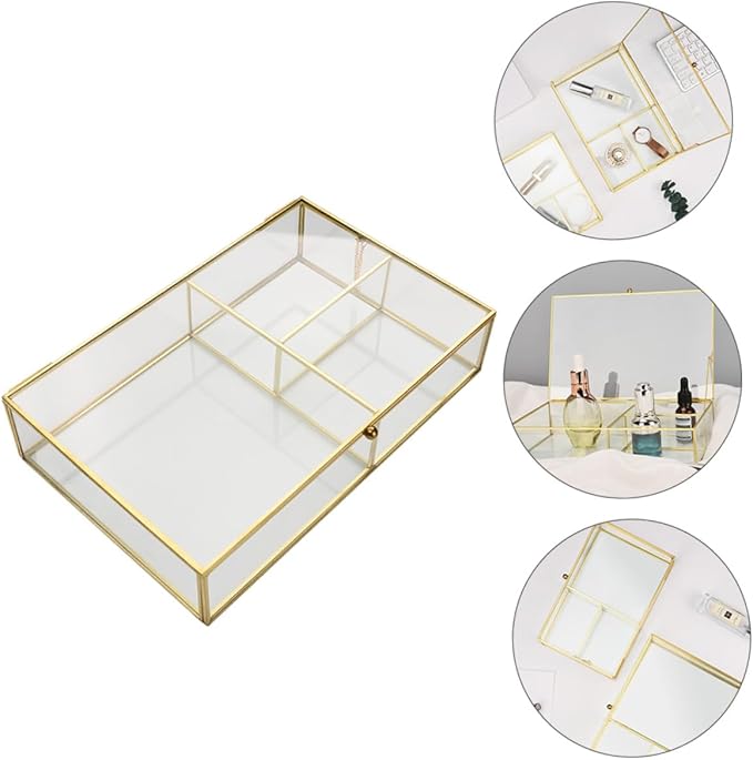 Healeved Jewelry Storage Box Glass Lid Cosmetics Organizer Makeup Holder for Necklace Earring Ring for Women Girls Wedding Valentine's Day