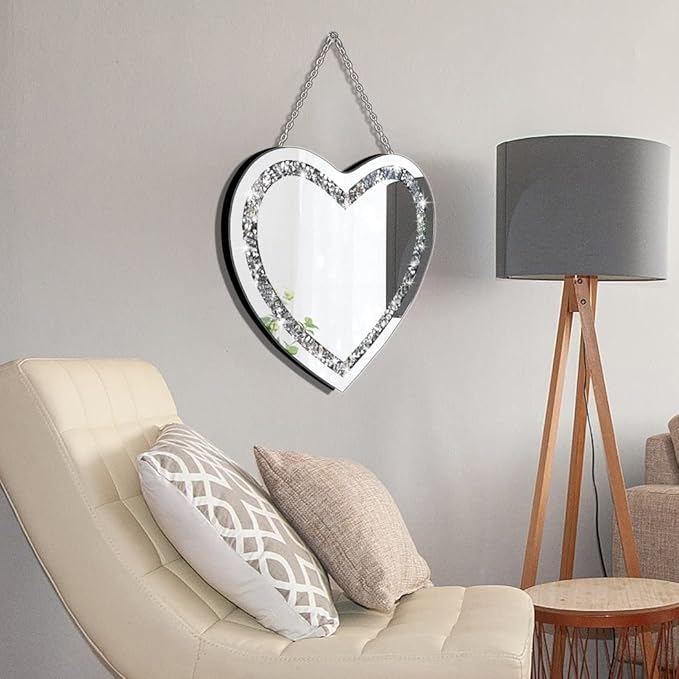 DMDFIRST Crystal Crush Diamond Heart Shaped Silver Mirror with Silver Stainless Steel Chain for Wall Decoration 12x12x0.5 inch Frameless Glam Mirror