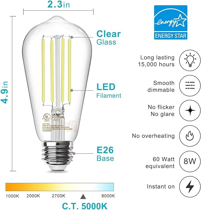 TJOY Edison Light Bulbs 60W Equivalent, Dimmable Vintage LED Light Bulbs, E26 Medium Base, 5000K Daylight, ST58, 8W, 800LM, Ultra-Bright, 80+CRI, Antique Decorative LED Filament, Clear Glass, 6 Pack