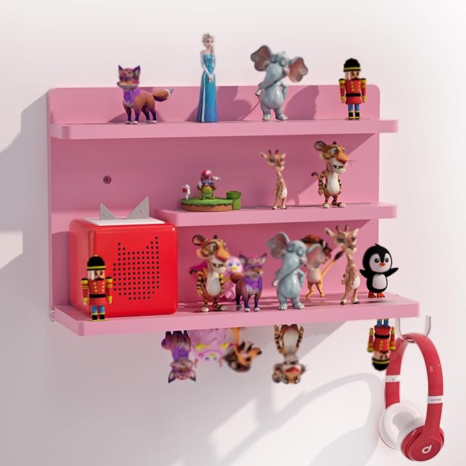 for Tonies Shelf Magnetic - Tonies Figure Organizer for Kids Room, Wooden Magnetic Display Shelf for Tonies Box Holder, Wall Floating Shelves Toy Storage Compatible Charging Station (3 Tier, Pink)