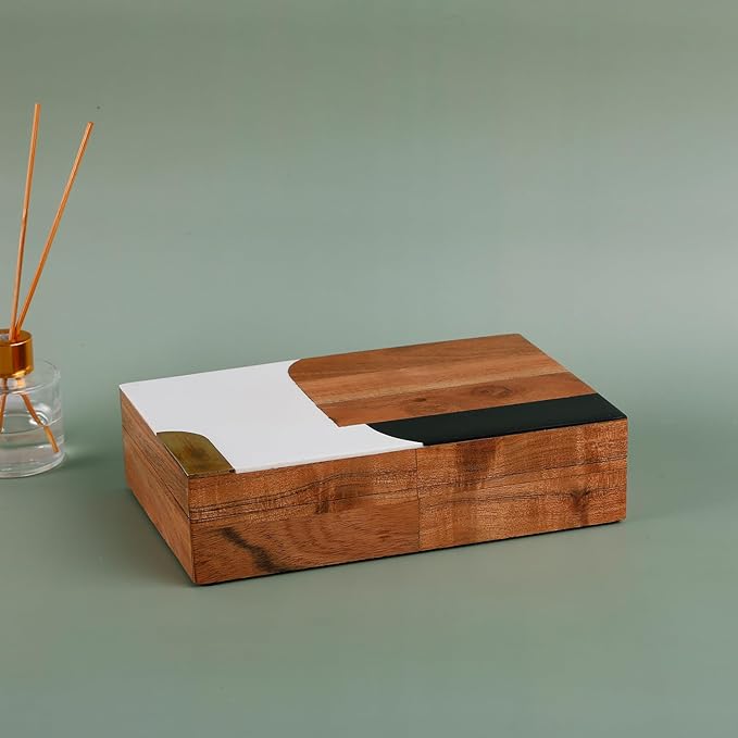 Handicrafts Home Decorative Storage Box, Keepsake Box Jewellery Organiser Abstract Wood Box, Handmade Wooden Jewelry Box with Resin & Brass Inlay, Memory Box for Home Decor, Coffee Table- 8x5x2