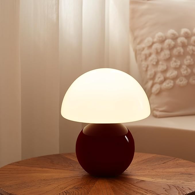 Dawnwake Mushroom Lamp Table Lamp for Bedroom,Desk Bedside Small Lamps for Living Room Night Stands,Mushroom Decor Cute Mini Modern Mid Century Lamps,Unique Aesthetic Home Living Room Decor(Wine Red)