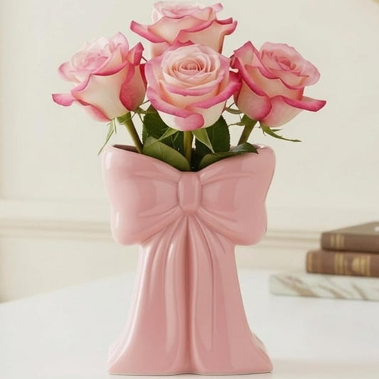 Jingmore Pink Bow Vase Coquette Ceramic Vase Pen Holder Makeup Brush Holder Contemporary Design Decorative Women Gift for Wedding Home Office Shelf Table Room(Medium, Elegant)