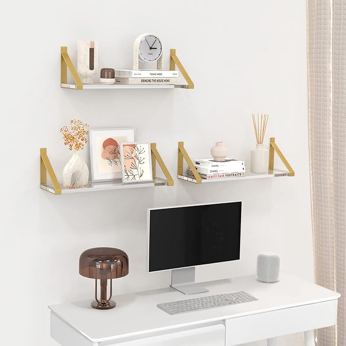 Clear Shelves, Gold Floating Shelves Wall Mounted Set of 2, 8mm Transparent Acrylic, Invisible Wall Shelves for Bedroom, Living Room, Bathroom, Kitchen, Office Display Decor (13in)
