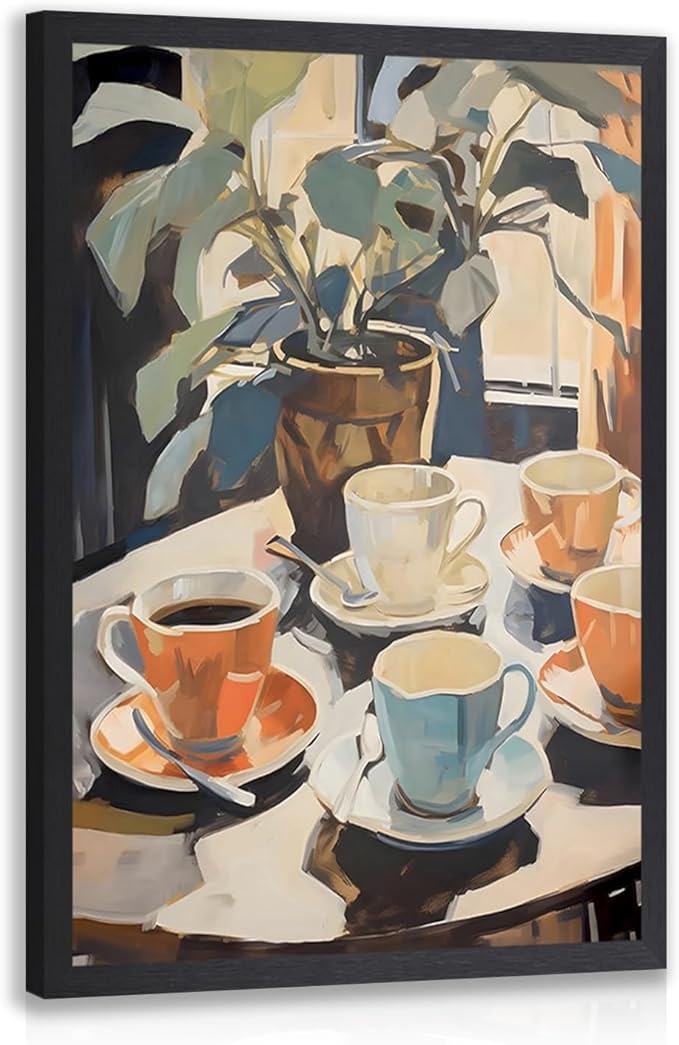 Cyebmo Retro Coffee Wall Art, Coffee Cup Plant Wall Decor, Watercolor Cafe Canvas Painting, Minimalist Vintage Travel Food Poster Print for Home Office Cafe Bar Living Room Wood Framed 12x16 Inch