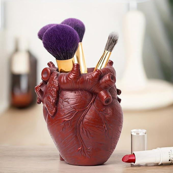 Small Human Heart Organ Shape Pen Holder Home Office Desk Storage Resin Decor, Makeup Brush Holder, 4.1" x 3.5", Red