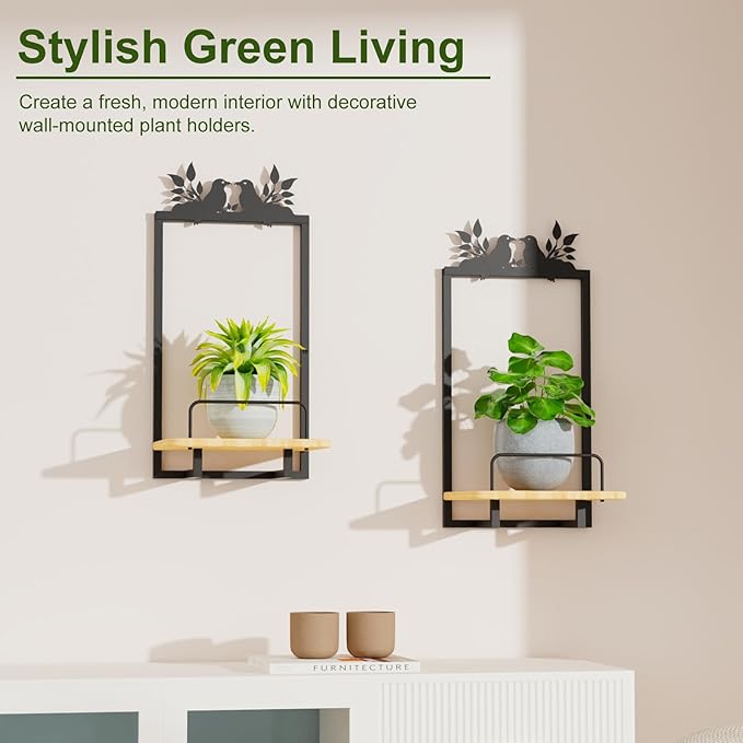 Shineled Wall Planter for Indoor Plants 2 Pack, Wall Mounted Plant Holder for Small Plants, Floating Wall Shelf for Plants, Real Oak Wood, Magnetic Animal Decor, Home Wall Decor (Bird)