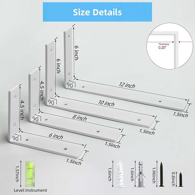 Shelf Bracket, Heavy Duty Floating Shelf Brackets 12-Inch Long, 6-Pack Brackets for Shelves, Matte White Coated L Shape Metal Wall Shelf Support Brackets with 1/5 Inch Thick and 160 lb. Load Capacity